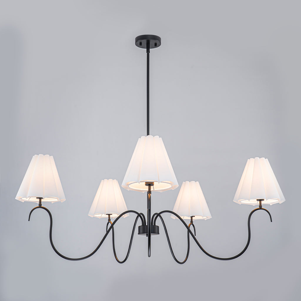 5-Light Matte Black Curved Iron Chandelier with White Fabric Shade - product image 7 | Zenvolit