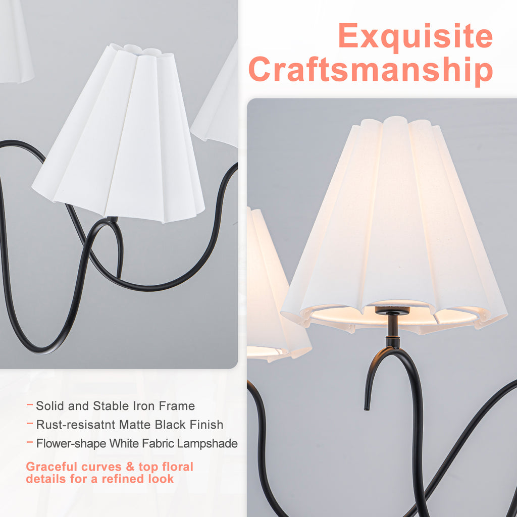 5-Light Matte Black Curved Iron Chandelier with White Fabric Shade - product image 8 | Zenvolit