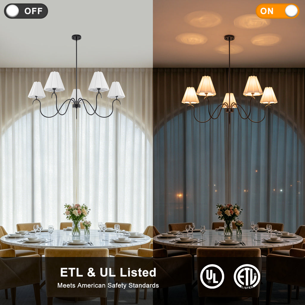 5-Light Matte Black Curved Iron Chandelier with White Fabric Shade - product image 9 | Zenvolit