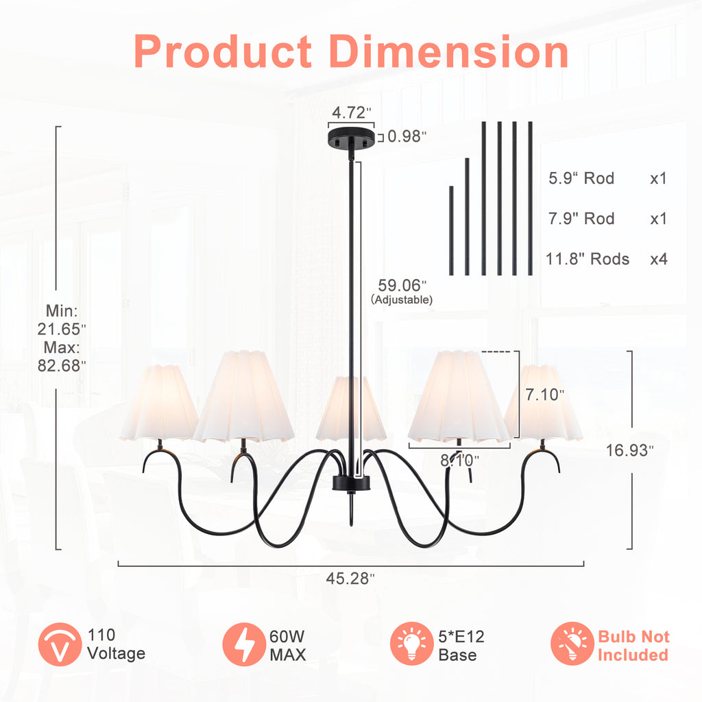 5-Light Matte Black Curved Iron Chandelier with White Fabric Shade - product image 10 | Zenvolit