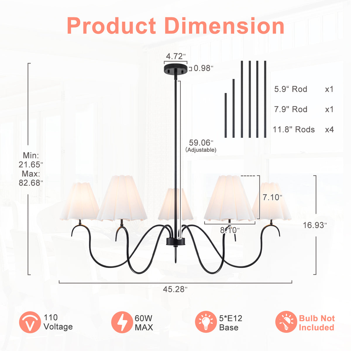 5-Light Matte Black Curved Iron Chandelier with White Fabric Shade - product image 10 | Zenvolit