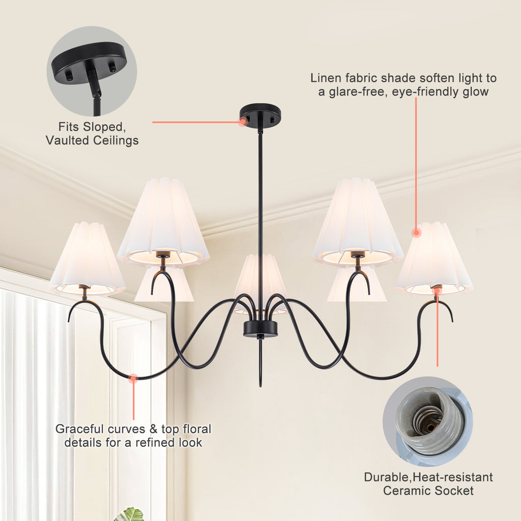 5-Light Matte Black Curved Iron Chandelier with White Fabric Shade - product image 11 | Zenvolit