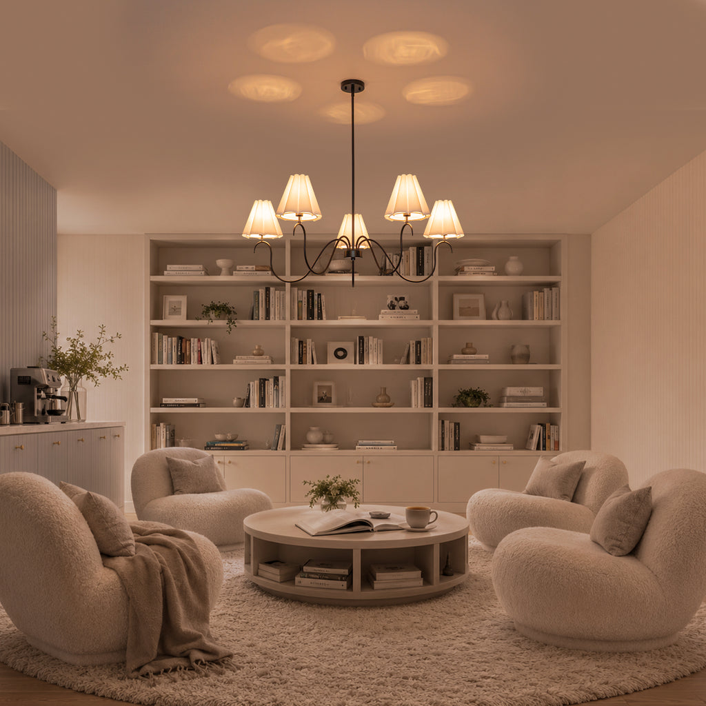 5-Light Matte Black Curved Iron Chandelier with White Fabric Shade - product image 12 | Zenvolit