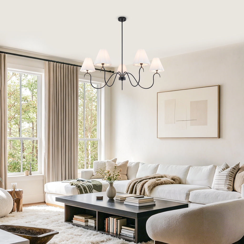 5-Light Matte Black Curved Iron Chandelier with White Fabric Shade - product image 13 | Zenvolit