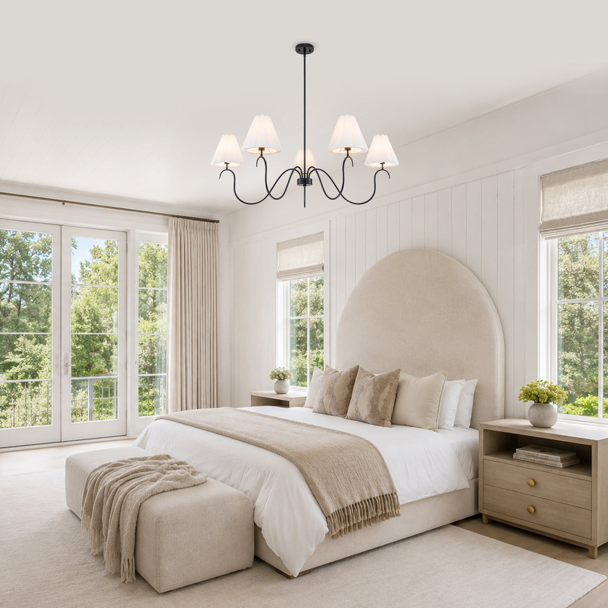 5-Light Matte Black Curved Iron Chandelier with White Fabric Shade - product image 14 | Zenvolit