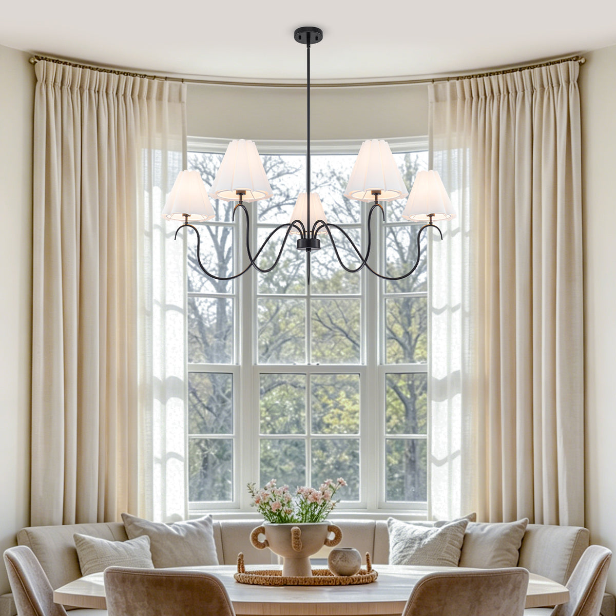 5-Light Matte Black Curved Iron Chandelier with White Fabric Shade - product image 15 | Zenvolit
