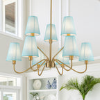 9-Light Modern Tiered Brass Chandelier Blue Fabric Shades Living Room - product image 1 | Zenvolit