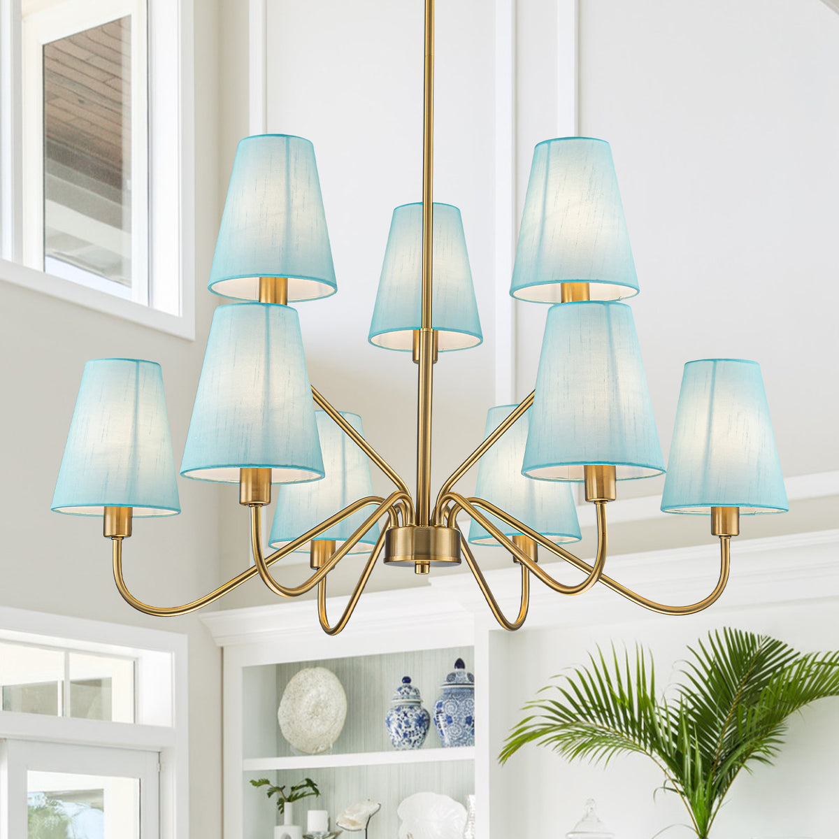9-Light Modern Tiered Brass Chandelier Blue Fabric Shades Living Room - product image 1 | Zenvolit