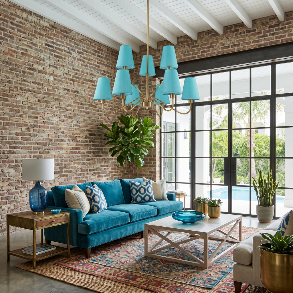 9-Light Modern Tiered Brass Chandelier Blue Fabric Shades Living Room