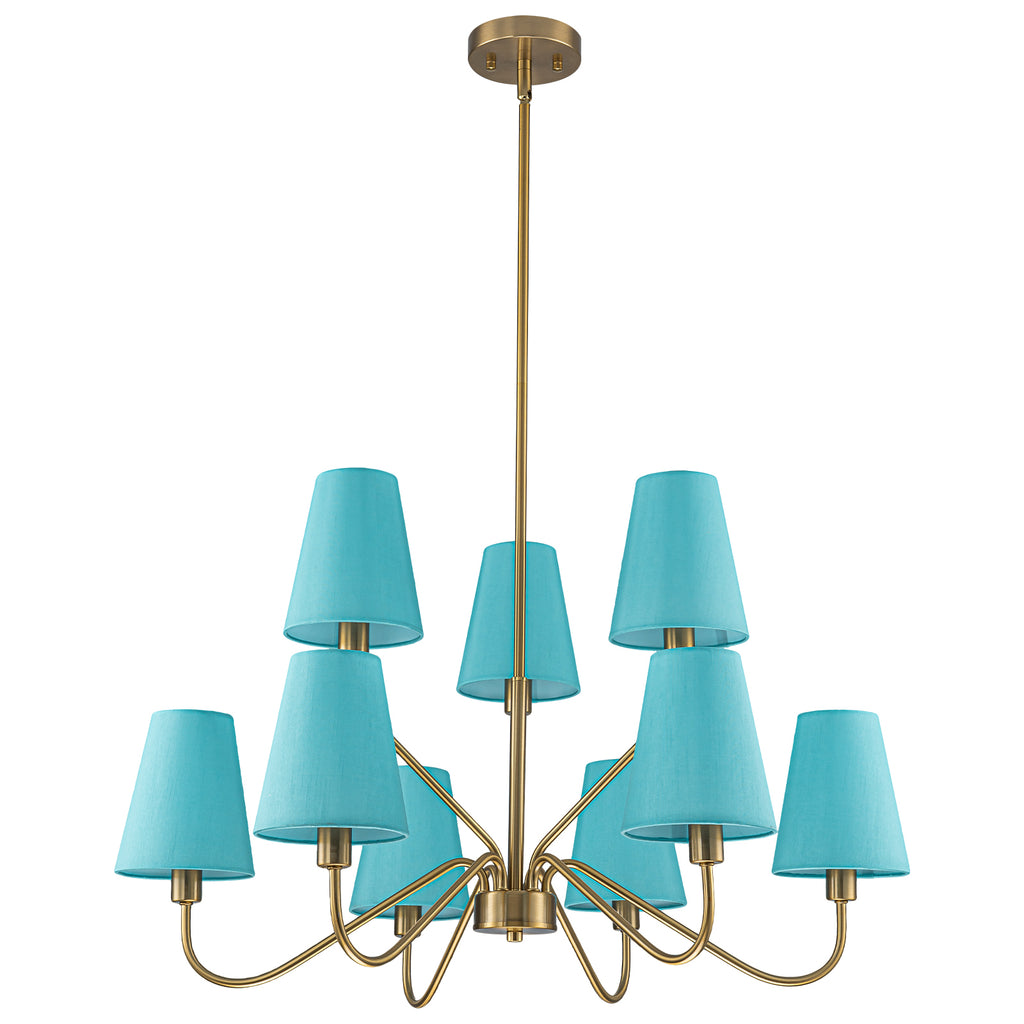 9-Light Modern Tiered Brass Chandelier Blue Fabric Shades Living Room