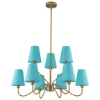 9-Light Modern Tiered Brass Chandelier Blue Fabric Shades Living Room