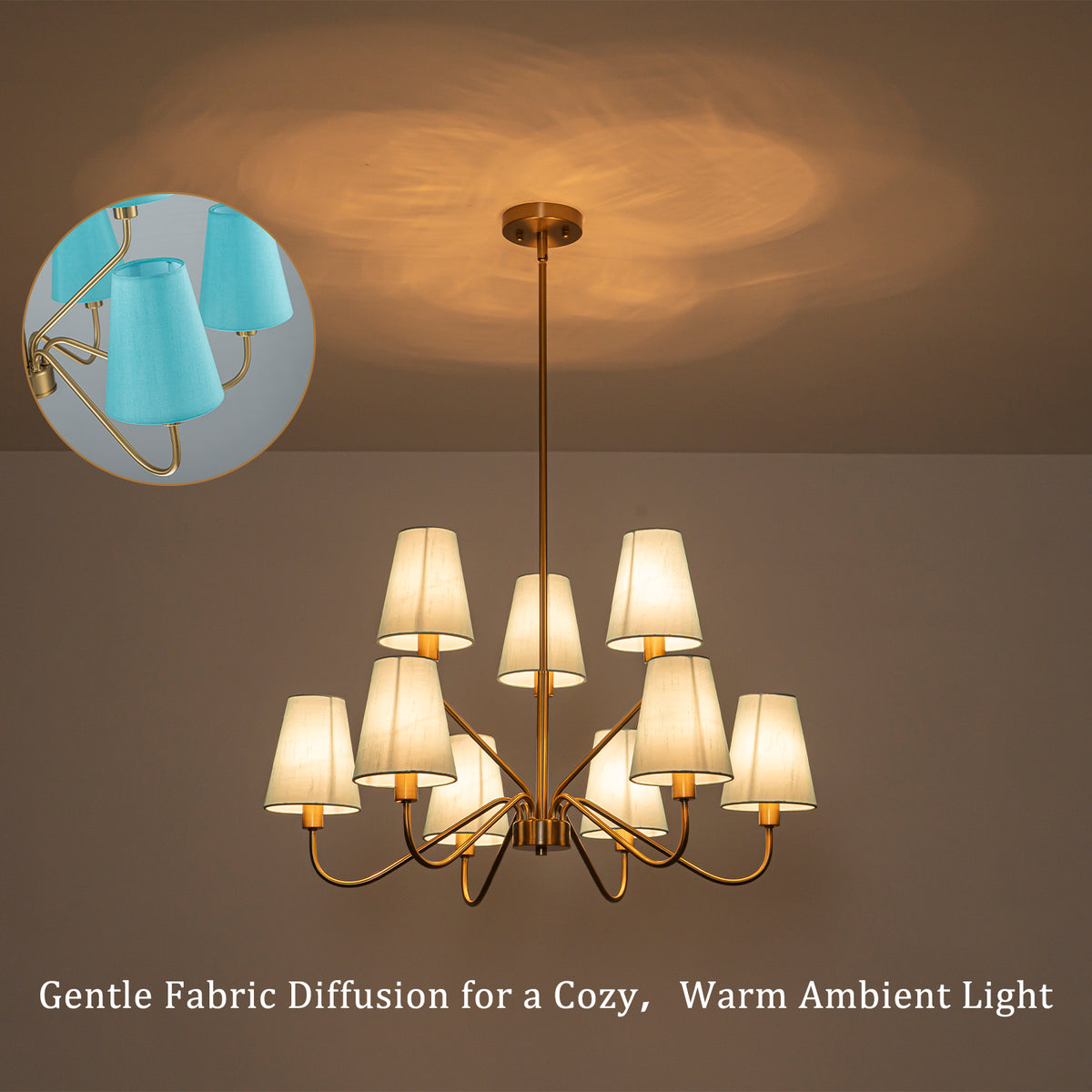 9-Light Modern Tiered Brass Chandelier Blue Fabric Shades Living Room