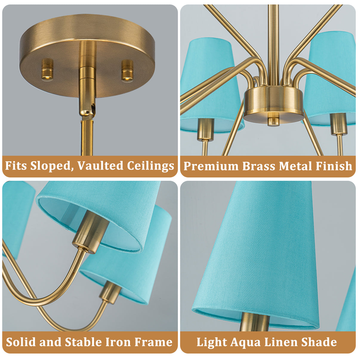 9-Light Modern Tiered Brass Chandelier Blue Fabric Shades Living Room