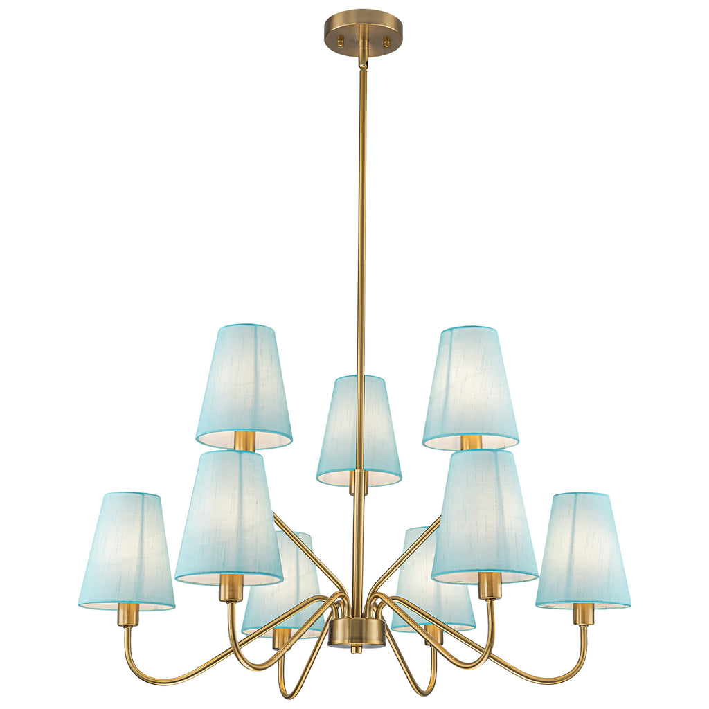 9-Light Modern Tiered Brass Chandelier Blue Fabric Shades Living Room