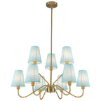 9-Light Modern Tiered Brass Chandelier Blue Fabric Shades Living Room