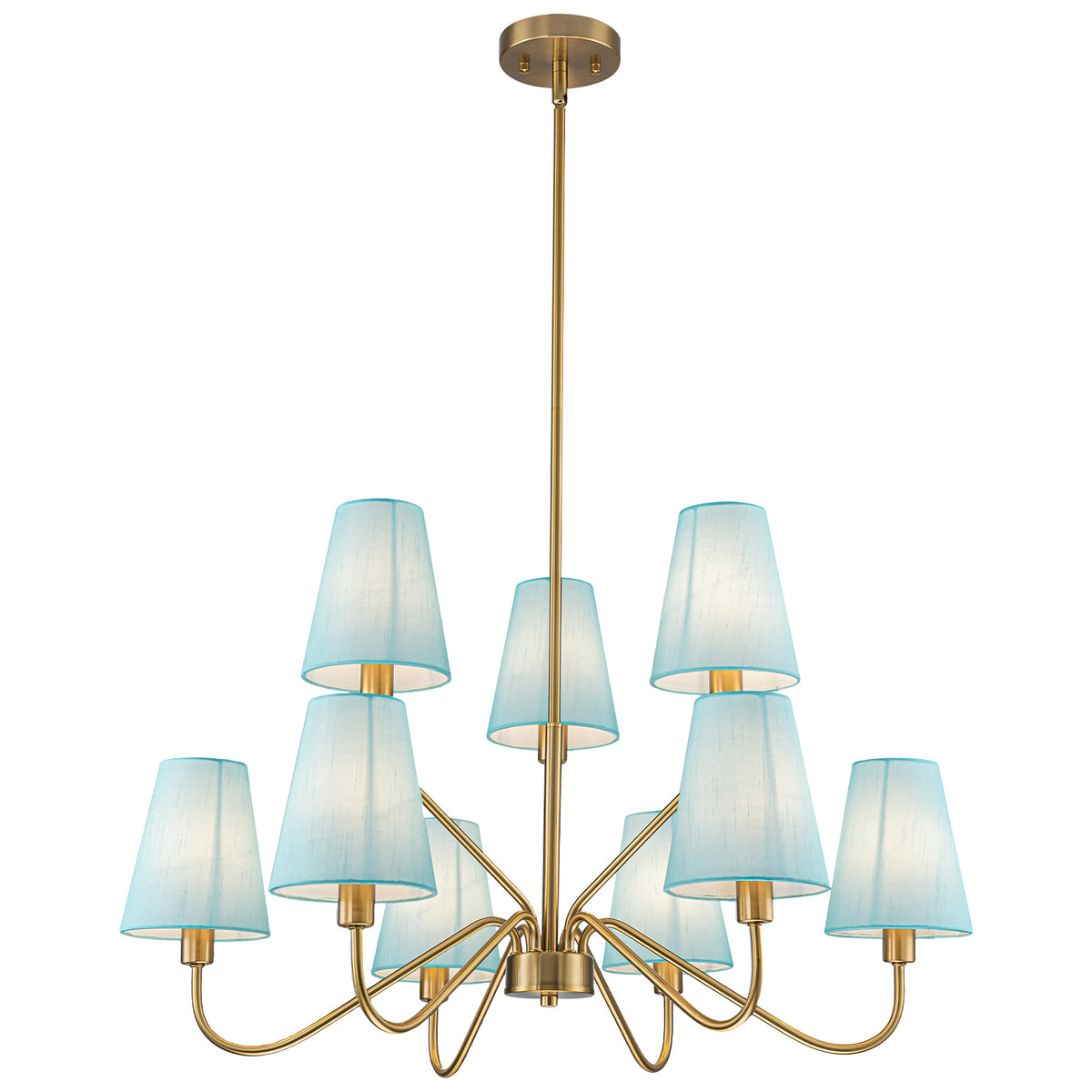 9-Light Modern Tiered Brass Chandelier Blue Fabric Shades Living Room