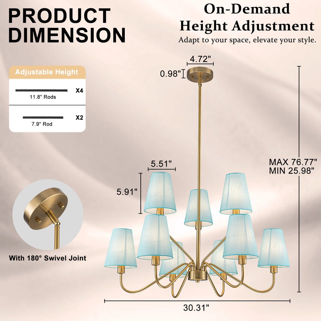 9-Light Modern Tiered Brass Chandelier Blue Fabric Shades Living Room