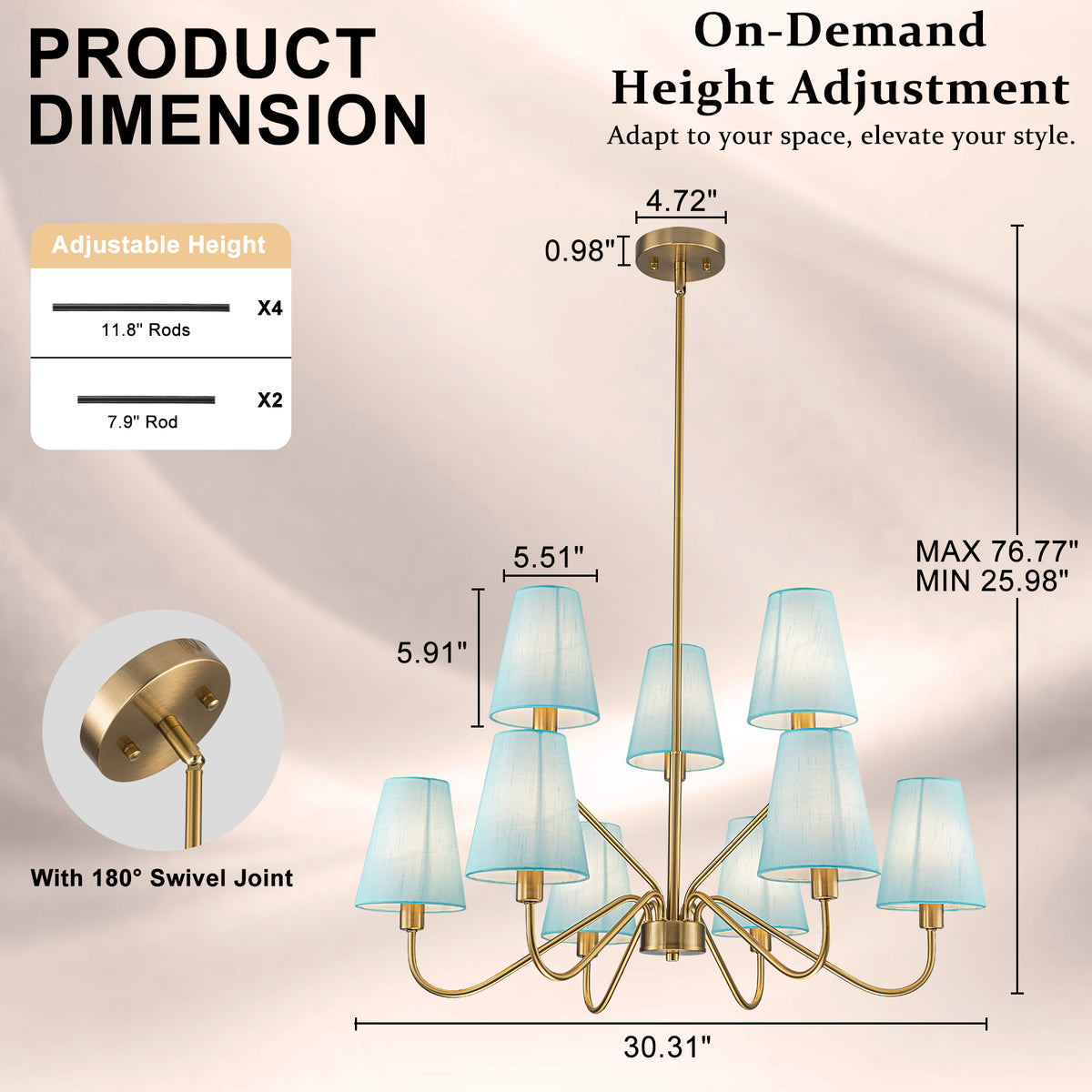 9-Light Modern Tiered Brass Chandelier Blue Fabric Shades Living Room