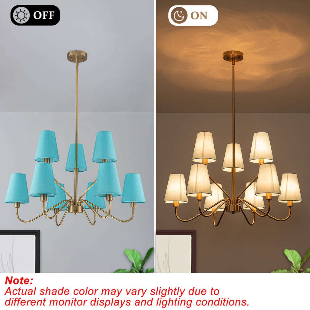 9-Light Modern Tiered Brass Chandelier Blue Fabric Shades Living Room