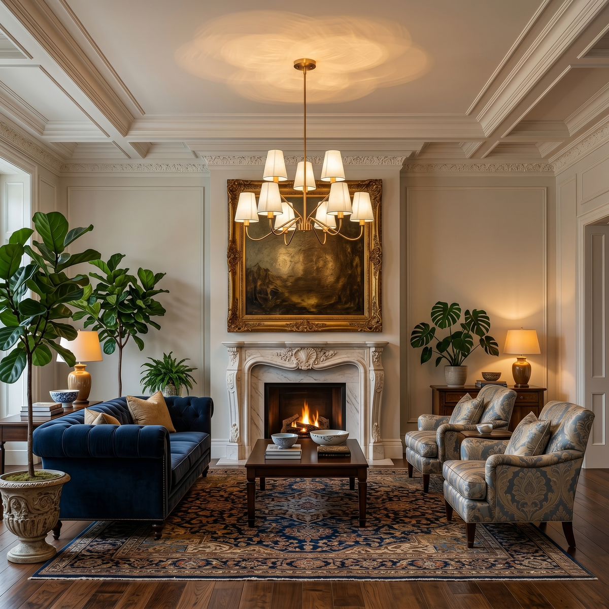 9-Light Modern Tiered Brass Chandelier Blue Fabric Shades Living Room