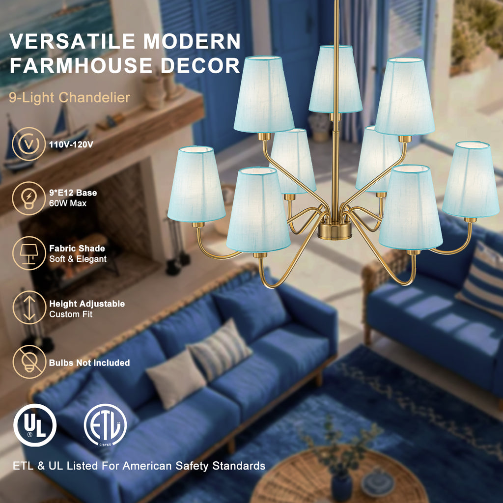9-Light Modern Tiered Brass Chandelier Blue Fabric Shades Living Room