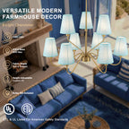 9-Light Modern Tiered Brass Chandelier Blue Fabric Shades Living Room