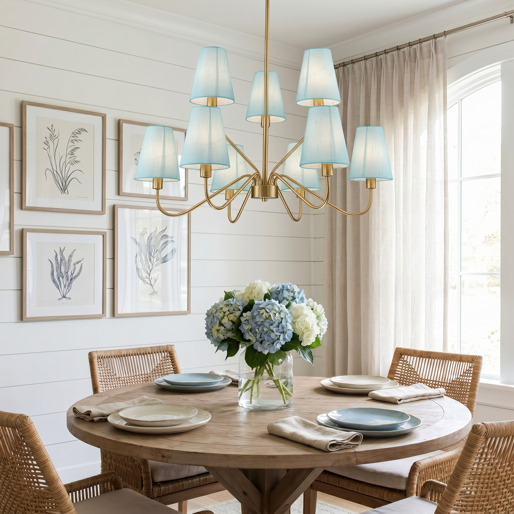 9-Light Modern Tiered Brass Chandelier Blue Fabric Shades Living Room