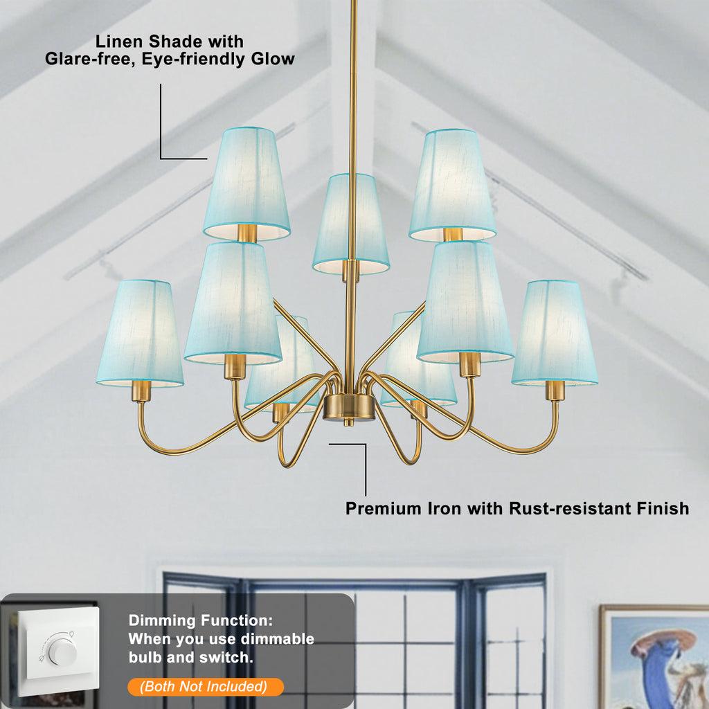 9-Light Modern Tiered Brass Chandelier Blue Fabric Shades Living Room