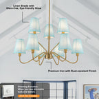 9-Light Modern Tiered Brass Chandelier Blue Fabric Shades Living Room