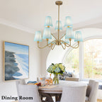 9-Light Modern Tiered Brass Chandelier Blue Fabric Shades Living Room