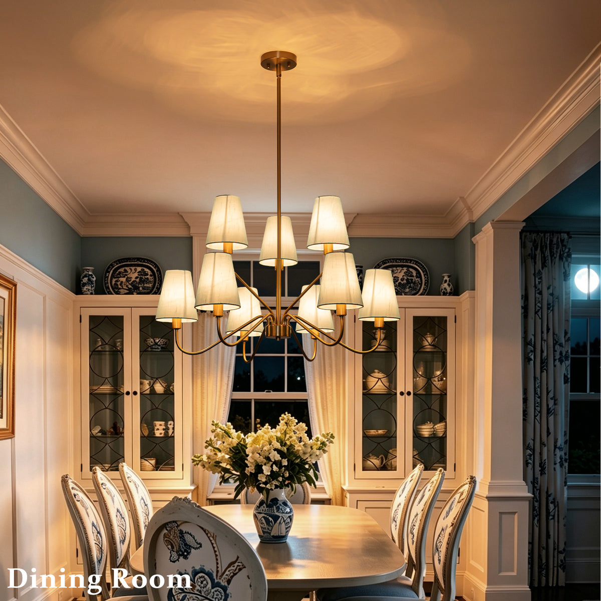 9-Light Modern Tiered Brass Chandelier Blue Fabric Shades Living Room