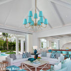 9-Light Modern Tiered Brass Chandelier Blue Fabric Shades Living Room