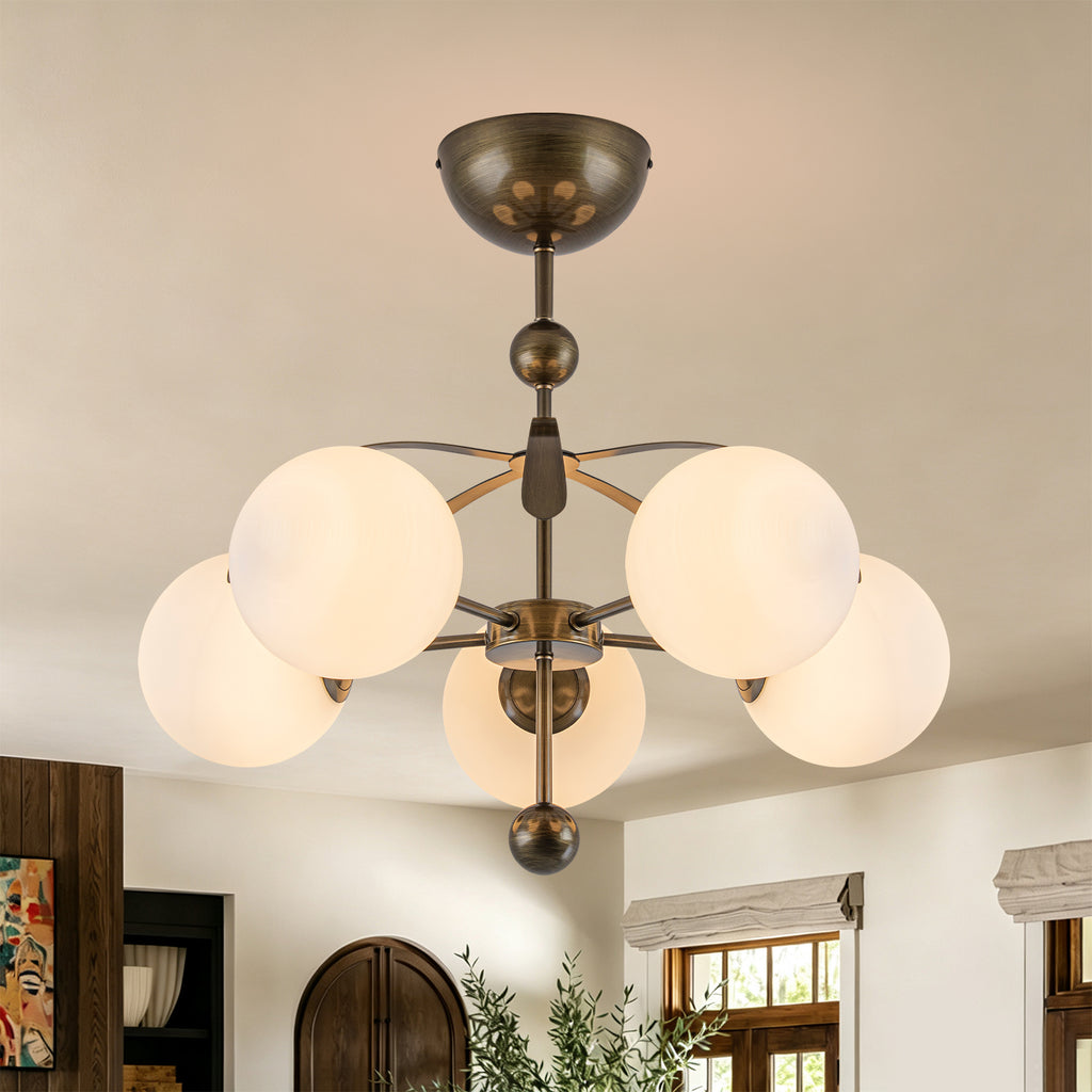 5 Light Milk White Glass Globe Chandelier Flush Mount Ceiling Light - product image 2 | Zenvolit