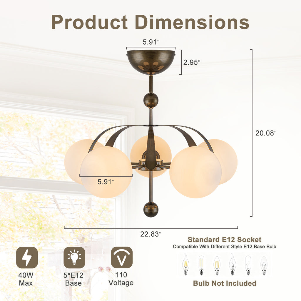 5 Light Milk White Glass Globe Chandelier Flush Mount Ceiling Light - product image 10 | Zenvolit