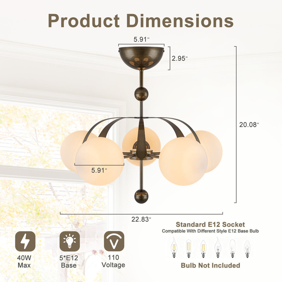 5 Light Milk White Glass Globe Chandelier Flush Mount Ceiling Light - product image 10 | Zenvolit