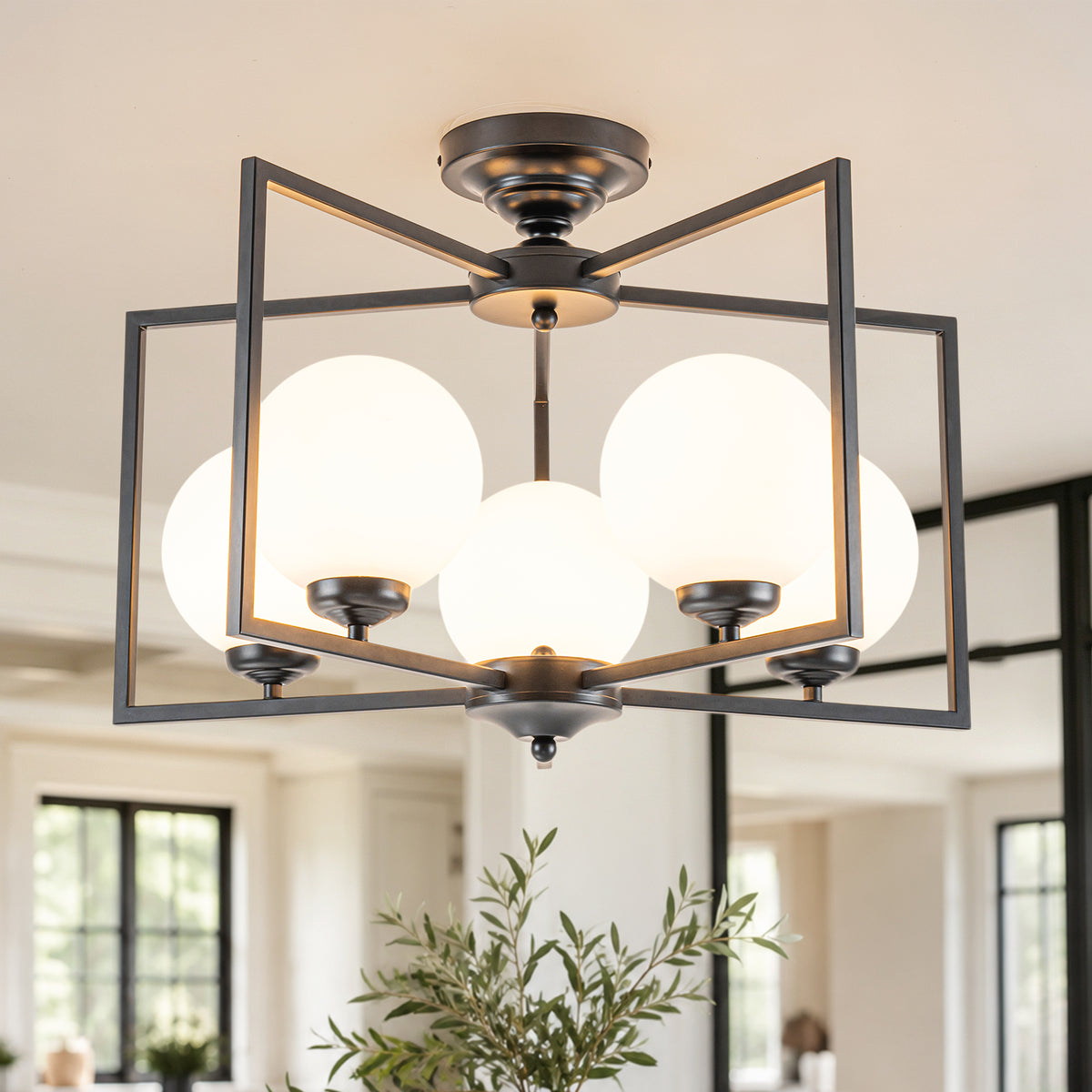 5 Light Opal Glass Globe Chandelier Frame Flush Mount Ceiling Light - product image 2 | Zenvolit