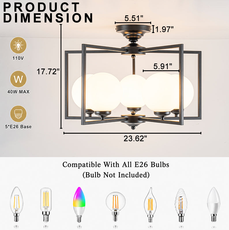 5 Light Opal Glass Globe Chandelier Frame Flush Mount Ceiling Light - product image 7 | Zenvolit