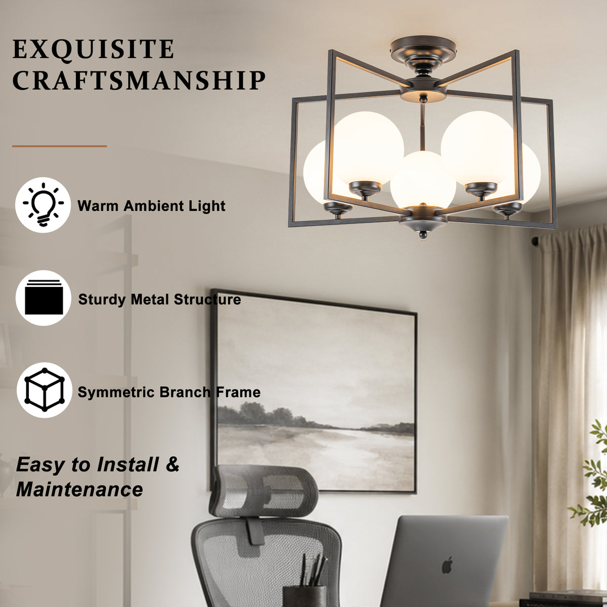 5 Light Opal Glass Globe Chandelier Frame Flush Mount Ceiling Light - product image 9 | Zenvolit