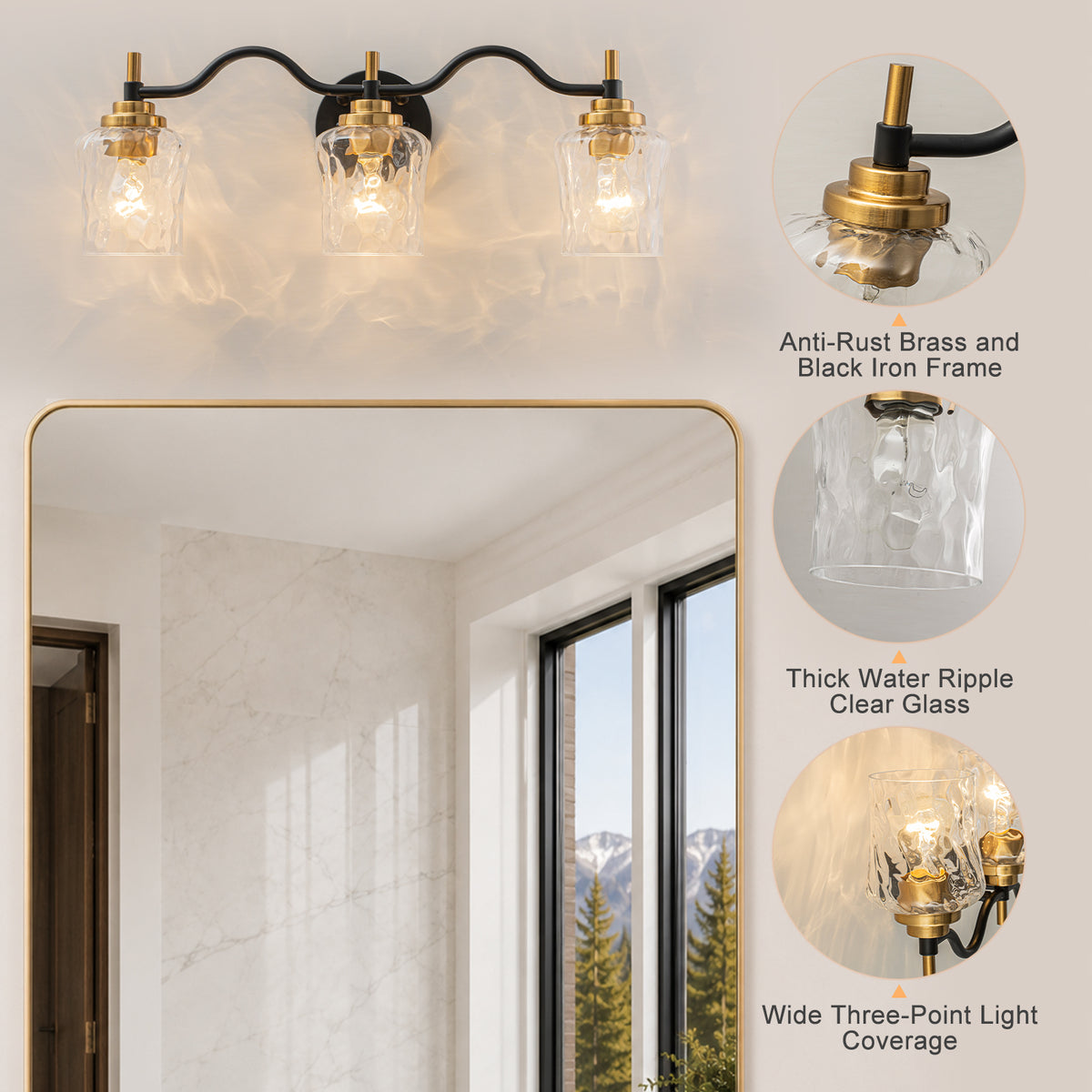 3-Light Modern Bathroom Vanity Light Ripple Glass Shades Wall Sconce - product image 13 | Zenvolit