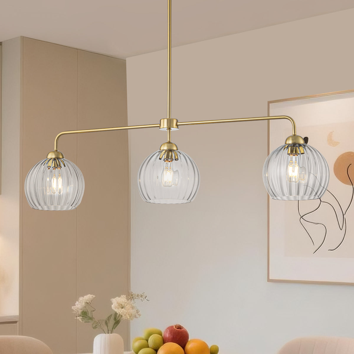 3 Light Linear Pendant Light Clear Ribbed Glass Shades Kitchen Island - product image 1 | Zenvolit