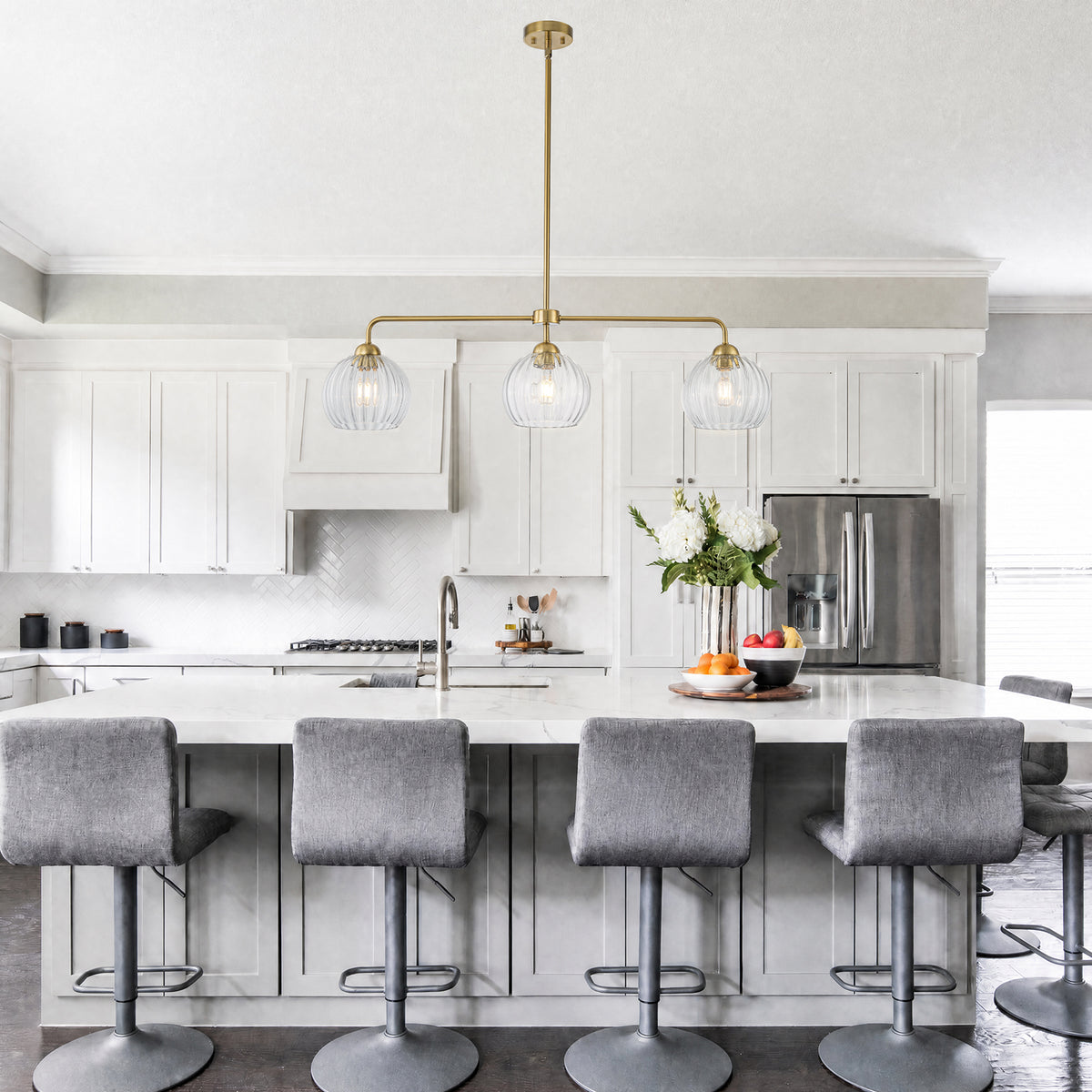 3 Light Linear Pendant Light Clear Ribbed Glass Shades Kitchen Island - product image 3 | Zenvolit