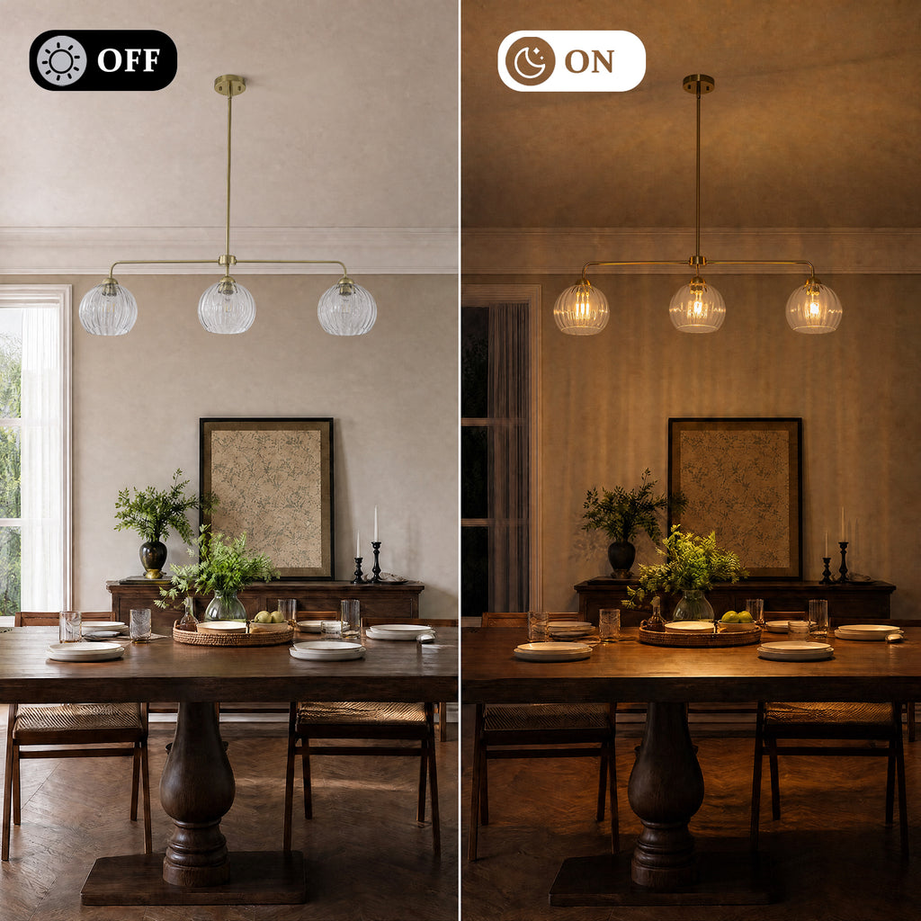 3 Light Linear Pendant Light Clear Ribbed Glass Shades Kitchen Island - product image 5 | Zenvolit