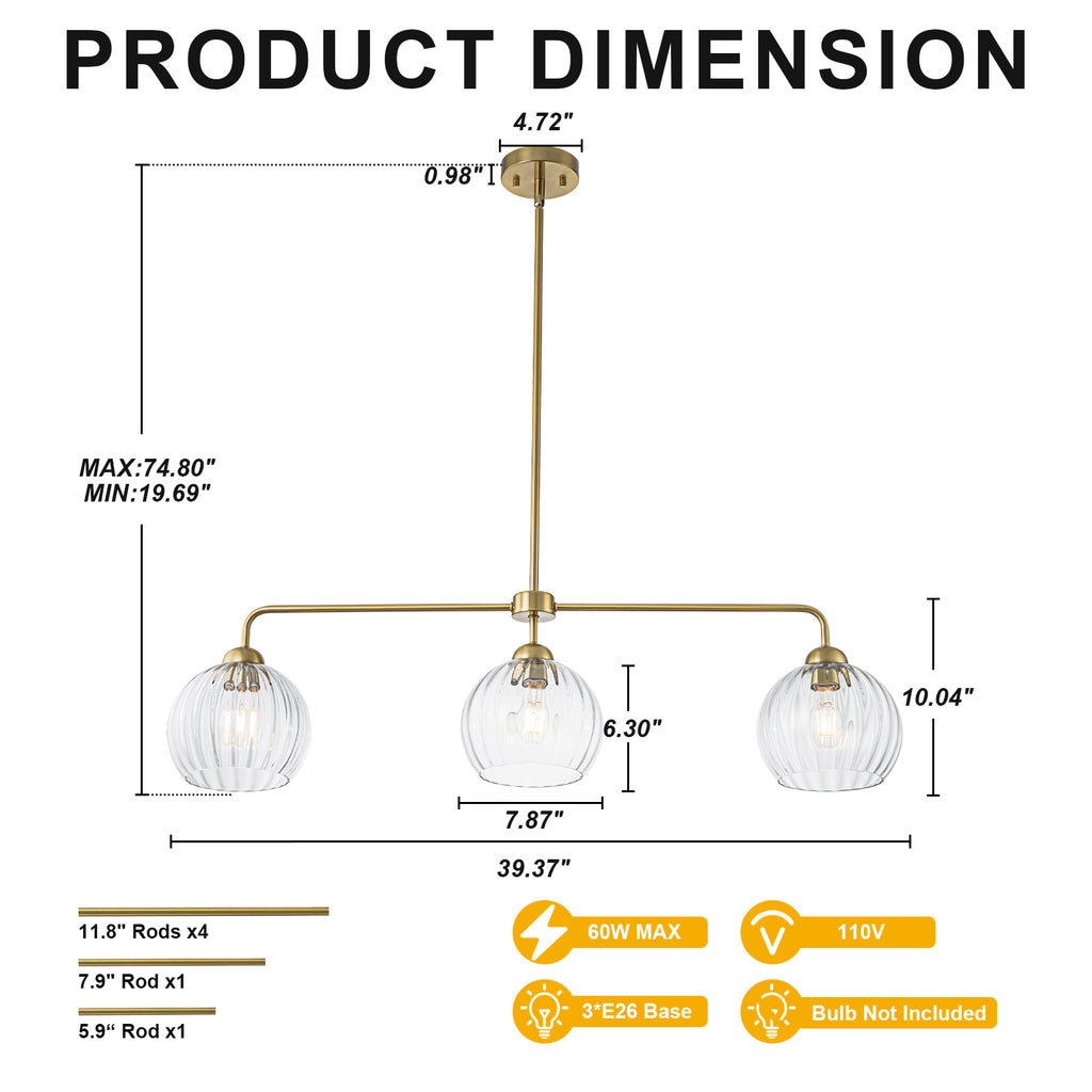 3 Light Linear Pendant Light Clear Ribbed Glass Shades Kitchen Island - product image 6 | Zenvolit