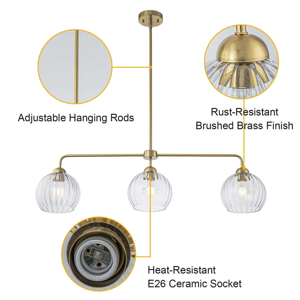 3 Light Linear Pendant Light Clear Ribbed Glass Shades Kitchen Island - product image 9 | Zenvolit