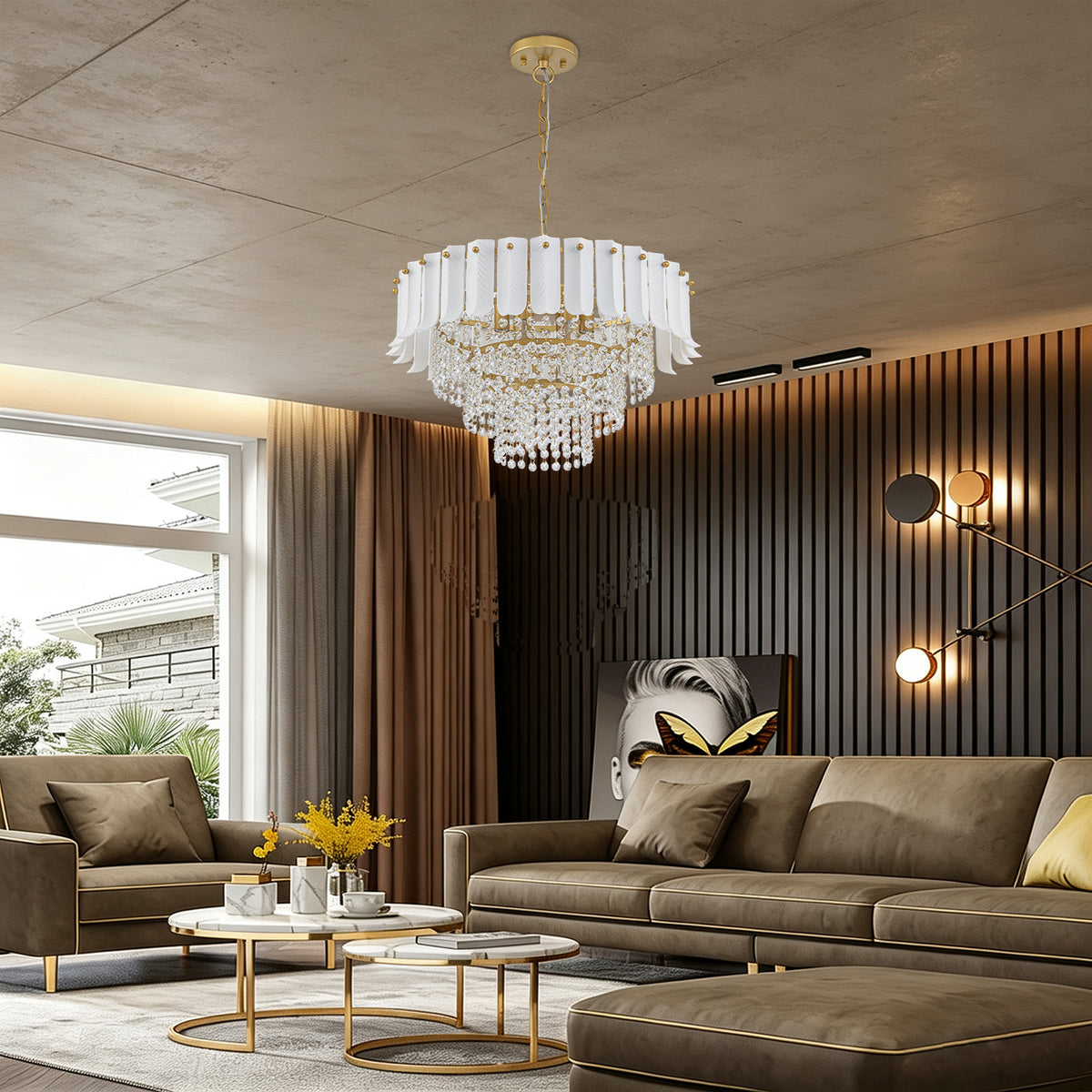 6 Light Ceramic Leaf Crystal Chandelier Modern Luxury Gold Pendant - product image 3 | Zenvolit