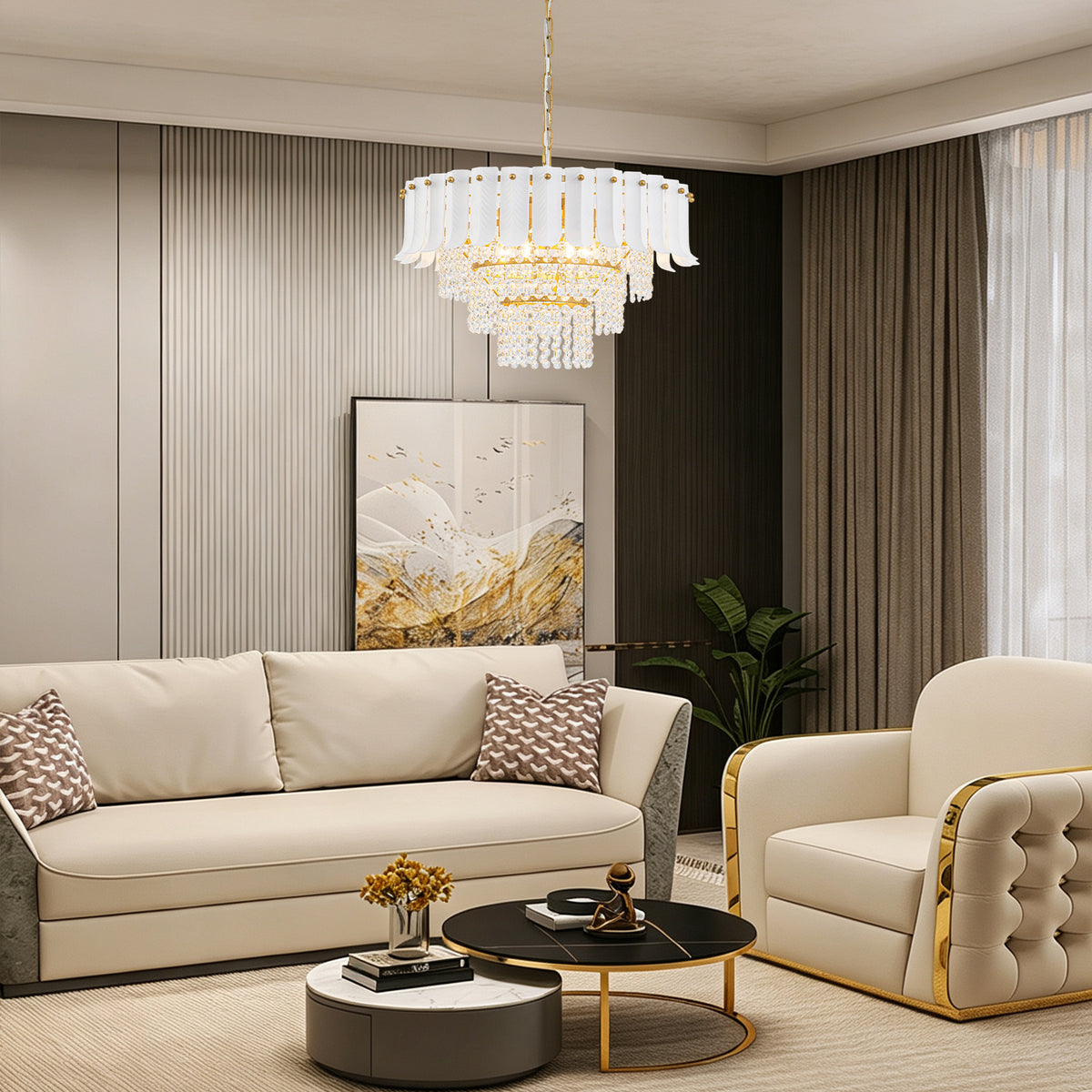 6 Light Ceramic Leaf Crystal Chandelier Modern Luxury Gold Pendant - product image 4 | Zenvolit
