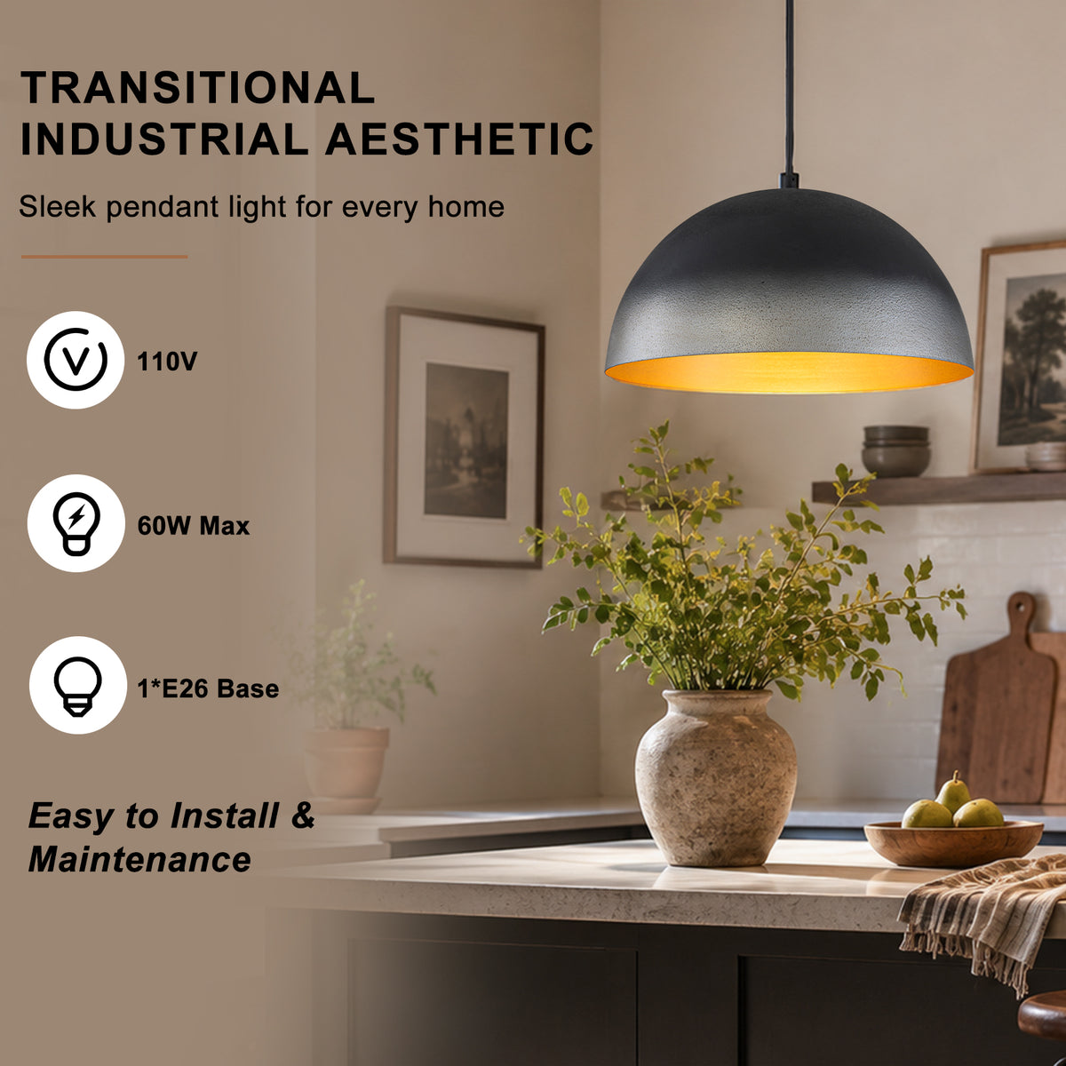 Black Pendant Light Dome Metal Shade Kitchen Island Dining Room - product image 9 | Zenvolit
