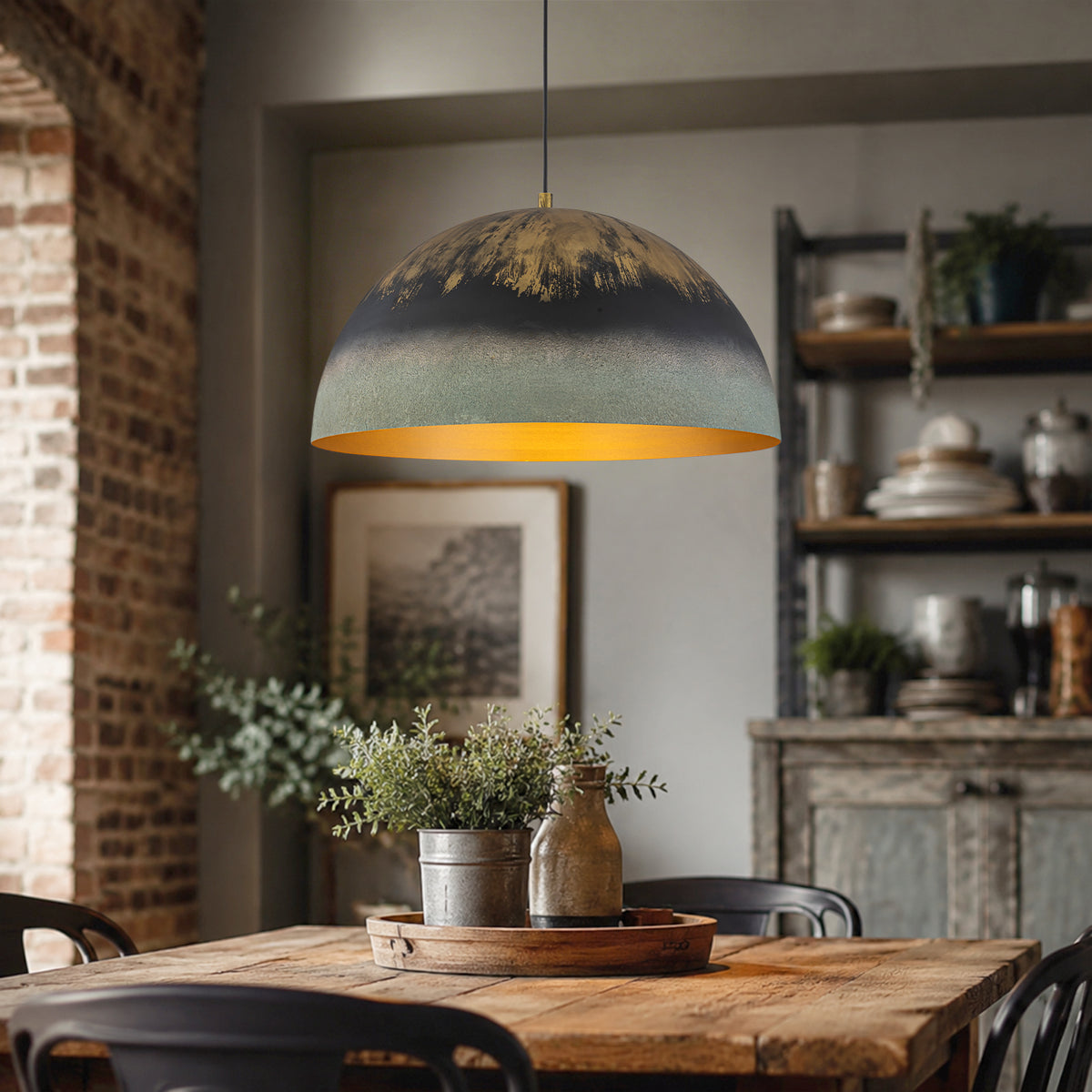 Black Gold & Patina Green Pendant Light Dome Metal Shade Kitchen - product image 1 | Zenvolit