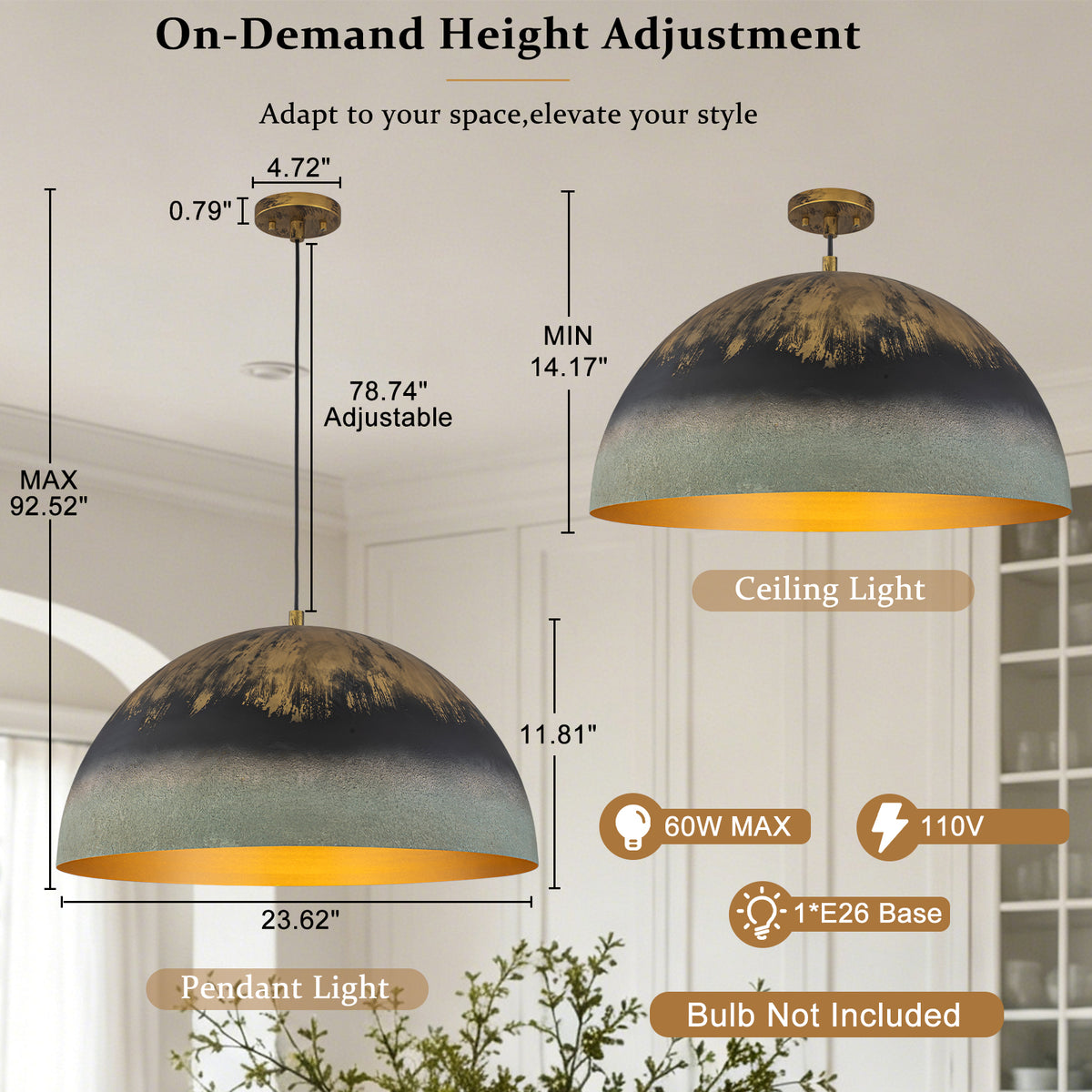 Black Gold & Patina Green Pendant Light Dome Metal Shade Kitchen - product image 6 | Zenvolit