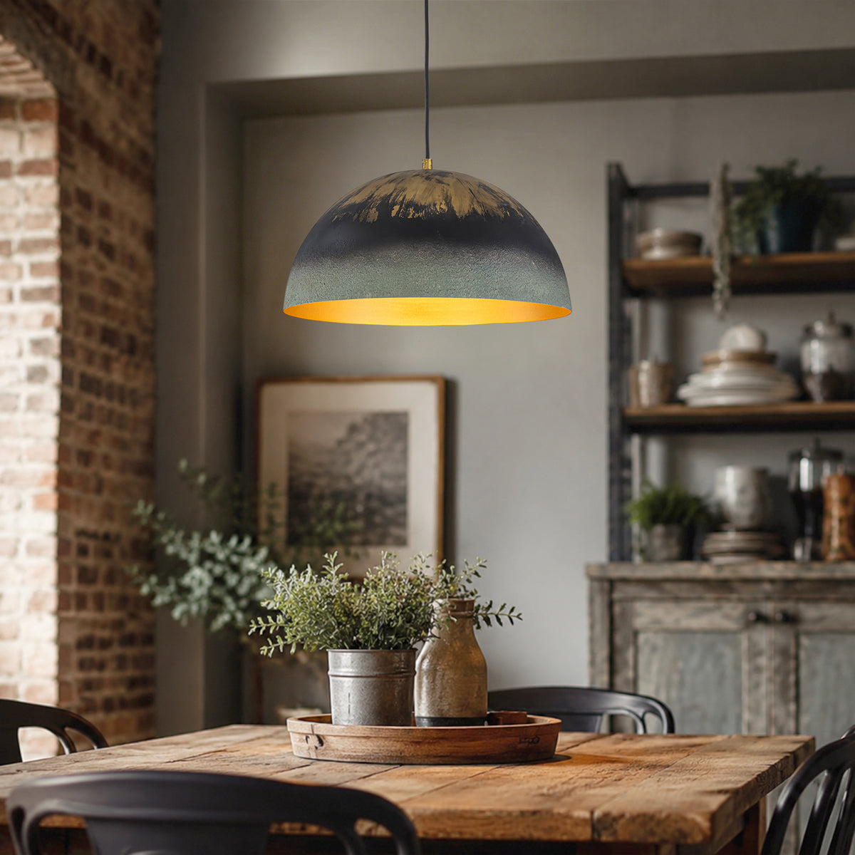 Black Gold & Patina Green Pendant Light Dome Metal Shade Kitchen - product image 1 | Zenvolit